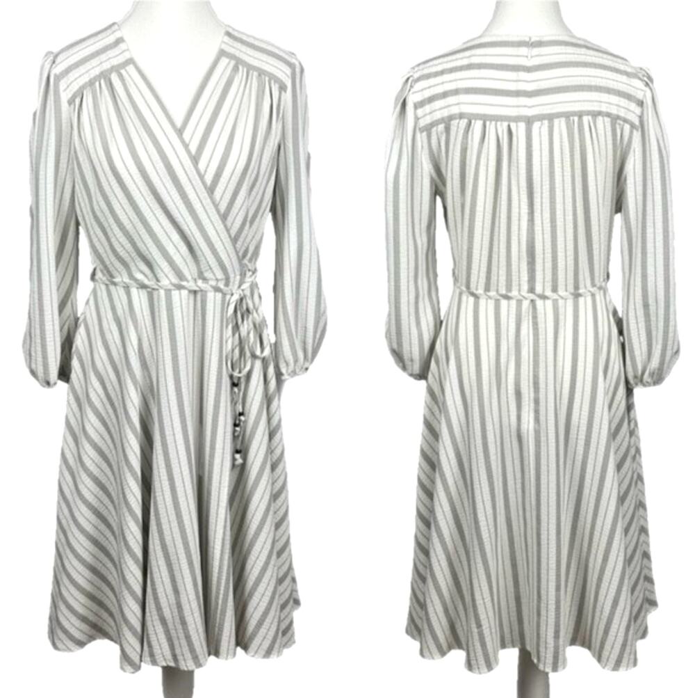 NWT Calvin Klein White Gray Striped Midi Wrap Dress Size 10